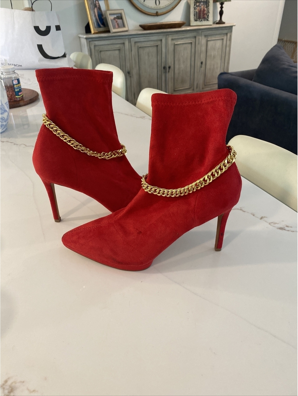 Jessica Simpson Red Suede Boots W Gold Chain Size 10